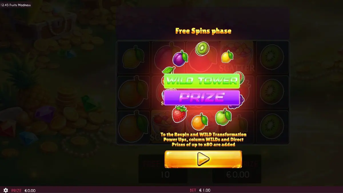 Tampilan visual slot Fruits Madness dengan simbol buah yang cerah dan fitur bonus yang menarik.