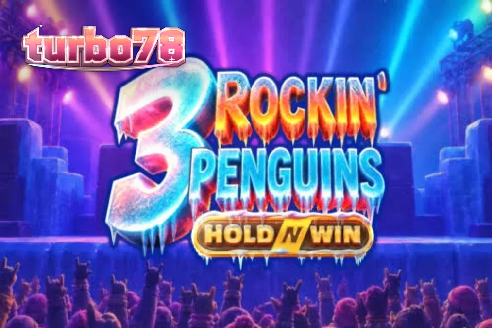 Tampilan visual slot 3 Rockin’ Penguins dengan tema konser penguin punk-rock